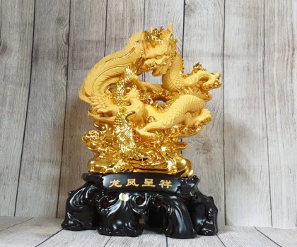 Thần rồng tiên phụng vàng kim sa bóng trên núi mây vàng đế gỗ khủng - Long Phụng Trình Tường LN157