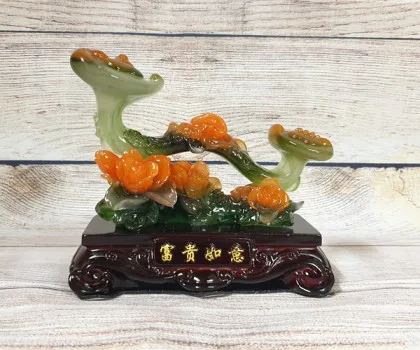 Gậy như ý xanh ngọc đa sắc trên nhánh mẫu đơn cam ngọc đế gỗ - Vạn Sự Như Ý LN209