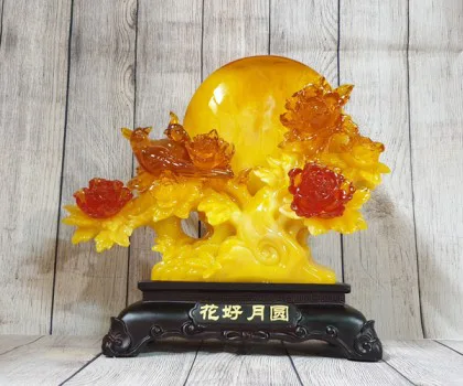 Cây mẫu đơn vàng ngọc hoa đỏ cam lưu ly bên trăng vàng và cặp uyên ương lưu ly - Hoa Hảo Nguyệt Viên LN211